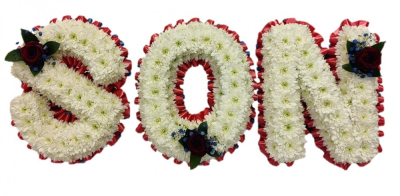 Son Funeral tribute (Simple) - Son funeral tribute simple style with a single flower in each letter. Ribbon colour and flower colour at customer request. Request in special instructions. Our experienced Birmingham florists create this Son Funeral tribute (Simple) with a respectful finish suitable for a funeral, commemoration or celebration of life. Every section is constructed with attention to symmetry, visual depth and neat edging, helping the tribute look considered from different viewpoints. Fresh materials are select...