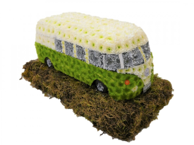 VW Camper Van - This 3D VW Camper Van funeral tribute is mounted on a 2 x 1 60cm x 30cm designer board and the camper van is approx 22 x 12 x 9.5 55 X 30 X 24cm Handcrafted by Buttercups & Daisies Florist Birmingham, this VW Camper Van is prepared as a thoughtful floral tribute for a funeral, memorial or remembrance service. Shape, scale, contrasting tones and finishing details are assessed closely to create an appropriate and respectful presentation. Seasonal availability can affect individual stems, but t...