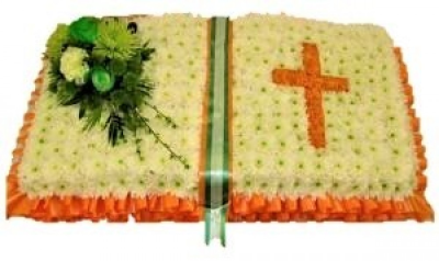 Open Book/ Bible - This Bible/Open book tribute is customisable with your choice of ribbon and spray colour. Approx 2 x 1 60cm x 30cm Our experienced Birmingham florists create this Open Book/ Bible with a respectful finish suitable for a funeral, commemoration or celebration of life. Every section is constructed with attention to symmetry, visual depth and neat edging, helping the tribute look considered from different viewpoints. Fresh materials are selected according to quality and supply, with thoughtful a...