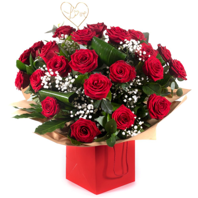 Ace of Hearts - Standard contains Two dozen (24) gorgeous red roses with a peppering of gyp and green. The definitive star of the show when it comes to flowers for loved ones.   Deluxe contains 50 Red roses with a peppering of gyp and green foliage.   luxury contains 100 Red roses with a peppering of gyp and green foliage.   Why choose our 24-rose hand-tied bouquet in Birmingham?   premium quality vibrant red roses hand selected for their rich colour freshness and perfection.   carefully hand tied ...