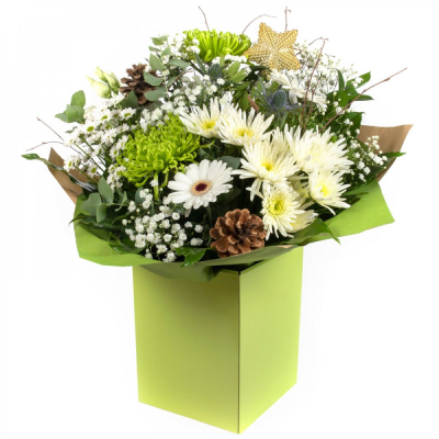 Let It Snow - This dreamy white and green hand-tied Christmas design evokes the spirit of the season in flowers. The perfect way to share joy this festive season. Handcrafted by Buttercups & Daisies Florist Birmingham, this Let It Snow is created as a fresh, memorable gift for many thoughtful occasions. The florist balances shape, colour, texture and seasonal detail so the finished gift feels considered from every angle. Seasonal availability can affect individual stems, but the florist will protect the d...