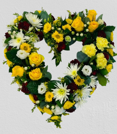 Loose Open Heart yellow - Open heart-shaped design with a selection of roses, lisianthus, chrysanthemums, carnations and spray carnations and a mixture of foliage. Standard 15/ 38CM Deluxe (as shown) 17/ 43cm Luxury 21/ 54cm approx sizes. flowers vary depending on season. If you require a different colour mix please specify Our experienced Birmingham florists create this Loose Open Heart yellow with a respectful finish suitable for a funeral, commemoration or celebration of life. Every section is constructed with att...