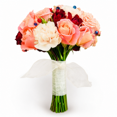 Peach & Burgundy Bridal Bouquet - The Peach & Burgundy Bridal Bouquet blends soft romantic tones with rich, dramatic accents for a wedding look that feels elegant and individual.