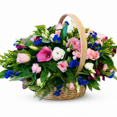 Blush & Blue Garden Basket - The Blush & Blue Garden Basket is an abundant ready-arranged gift filled with soft pinks, crisp whites, vivid blue accents and fresh green foliage