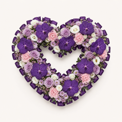 Purple Open Heart - A graceful open-heart funeral tribute created in soft lilac, purple, pale pink and white tones. The design combines beautifully arranged blooms with dark purple ribbon edging, leaving a clear heart-shaped centre that gives the tribute a light and elegant appearance. It is suitable for expressing love, remembrance and sympathy at a funeral or memorial service. Our Birmingham florists can discuss alternative colour combinations, a matching ribbon finish and a personal card message where required. The pictured arrangement is an example of the style and overall character we will aim to reproduce. Fresh flower varieties may differ according to seasonal availability, but the open-heart shape, gentle colour balance and carefully finished presentation will be maintained. Please contact Buttercups & Daisies Florist Birmingham to confirm the required date and delivery details.