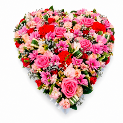 Vibrant Pink & Red Heart Tribute - The Vibrant Pink & Red Heart Tribute is a full, expressive funeral arrangement filled with colour and layered floral detail.