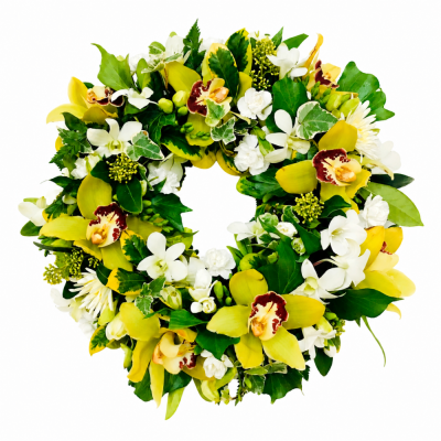 Yellow Orchid & White Flower Wreath - Yellow Orchid & White Flower Wreath is a carefully constructed floral tribute designed to create a distinctive and personal farewell.