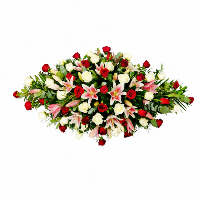 Red, Ivory & Pink Lily Casket Spray - Red, Ivory & Pink Lily Casket Spray is a carefully constructed floral tribute designed to create a distinctive and personal farewell.