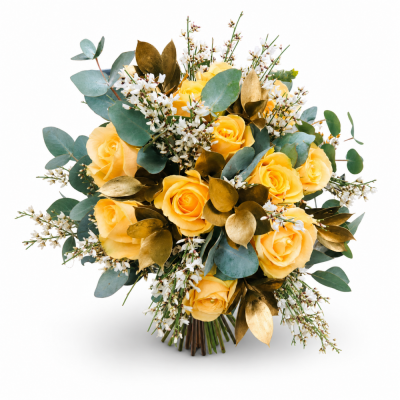Golden Rose & Eucalyptus Bouquet - The Golden Rose & Eucalyptus Bouquet brings together warm yellow roses, silvery eucalyptus and complementary golden foliage for a confident, uplifting finish.