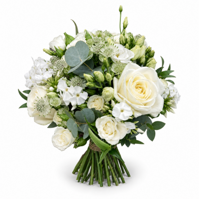 Ivory Rose & Eucalyptus Bouquet - The Ivory Rose & Eucalyptus Bouquet is a calm, elegant hand-tied design in soft white, cream and sage-green tones.