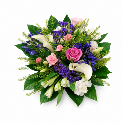 Pink Rose & Purple Garden Bouquet - The Pink Rose & Purple Garden Bouquet combines romantic pink roses with white calla lilies, rich purple flowers, soft white blooms and layers of fresh green foliage.