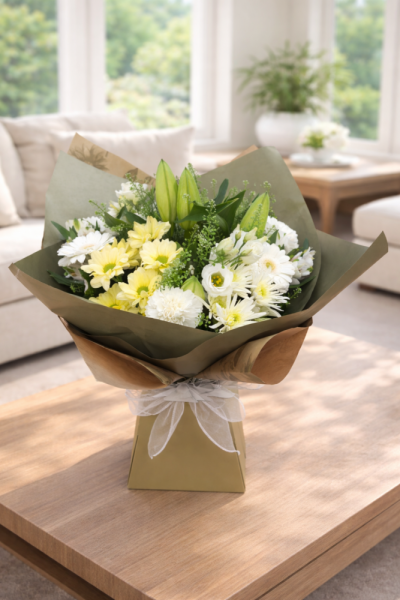 Lemon Cream Delight Hand-Tied Bouquet - Fresh, uplifting, and full of gentle charm, the Lemon Cream Delight bouquet is a beautifully balanced arrangement of soft whites and delicate yellow tones.