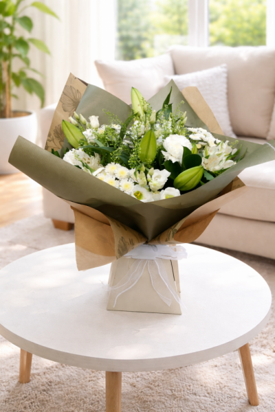 Pure Serenity Hand-Tied Bouquet - Elegant, fresh, and effortlessly calming, the Pure Serenity bouquet is a timeless arrangement designed to bring a sense of peace and natural beauty into any space.