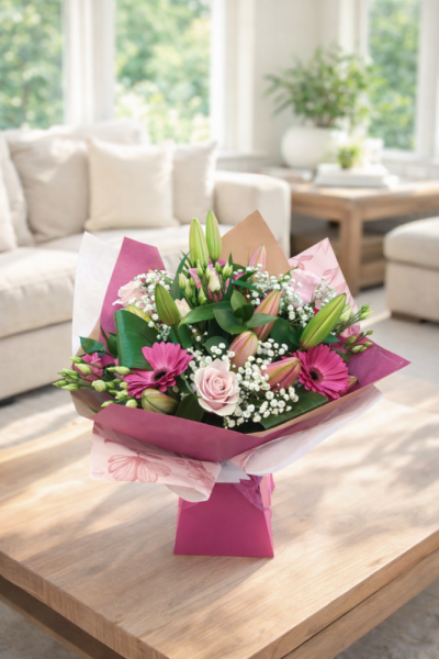 Blushing Elegance Hand-Tied Bouquet - Soft, graceful, and effortlessly beautiful, the Blushing Elegance bouquet is a celebration of delicate pink tones and timeless floral charm.