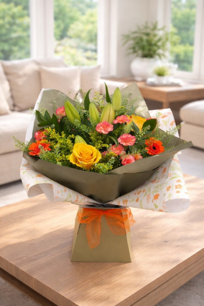 Sunshine Bloom Hand-Tied Bouquet - Bring warmth and happiness into any space with this radiant hand-tied bouquet, inspired by the colours of sunshine and summer gardens.