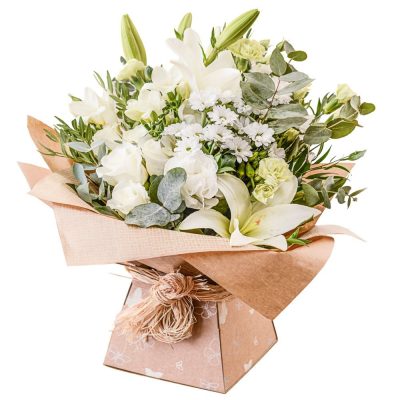 Evelyn Handtied - A fabulous collection of white and cream flowers make this the perfect gift. This bouquet will be hand delivered by the local florist.