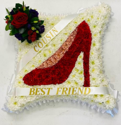 Red Stiletto Tribute - Red Stiletto Tribute is a bespoke high-heel shoe funeral flower design created for remembering someone known for glamour, fashion, elegance or a love of beautiful shoes.