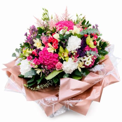 Luxury Pink Orchid Hand-Tied Bouquet - Luxury Pink Orchid Hand-Tied Bouquet brings together pink orchid-style blooms, roses, soft seasonal flowers and fresh foliage with rose-gold-toned gift wrapping.