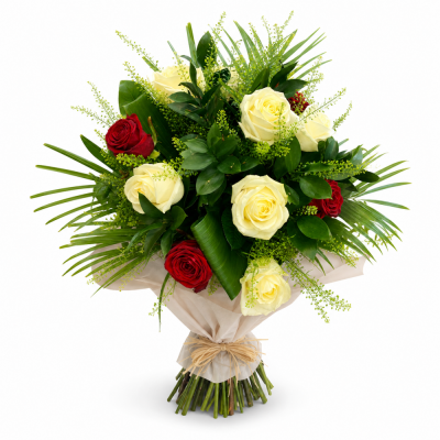 Red & Ivory Rose Hand-Tied Bouquet - The Red & Ivory Rose Hand-Tied Bouquet brings classic romance together with a fresh, garden-style finish.
