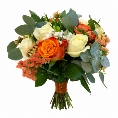 Orange & Ivory Rose Hand-Tied Bouquet - The Orange & Ivory Rose Hand-Tied Bouquet blends warm orange roses with elegant ivory blooms, soft peach filler flowers and fresh eucalyptus-style foliage.
