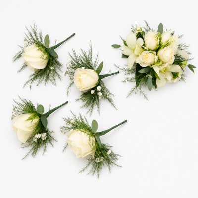 Ivory Rose Wedding Party Flower Set - Ivory Rose Wedding Party Flower Set is shown as inspiration for coordinated wedding flowers created by our Birmingham florist team.