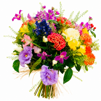 Vivid Tropical Hand-Tied Bouquet - Vivid Tropical Hand-Tied Bouquet brings together bold tropical-style flowers, vivid pink and orange accents, rich purple tones and lush foliage.