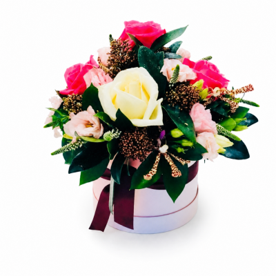 Blush & Burgundy Rose Hatbox - The Blush & Burgundy Rose Hatbox combines soft romance with deep, dramatic colour in a stylish ready-to-display arrangement.