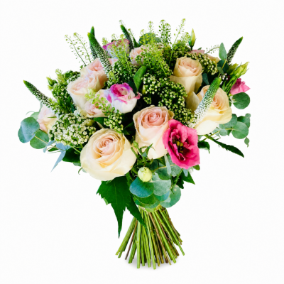 Blush Rose & Pink Lisianthus Bouquet - Blush Rose & Pink Lisianthus Bouquet brings together soft blush roses, pink lisianthus-style blooms, seasonal filler and fresh green foliage.
